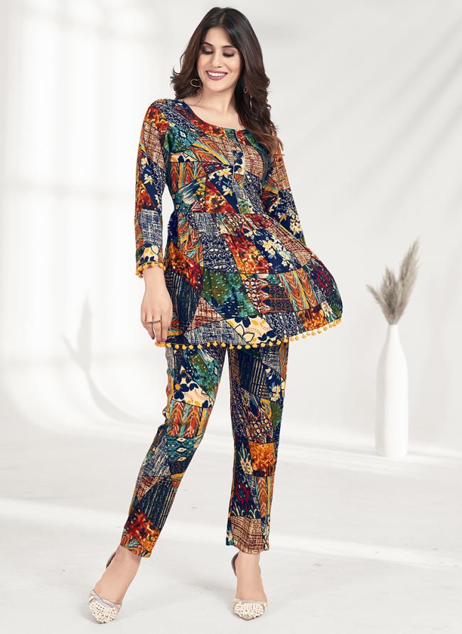 Rayon Multi Color Casual Wear Printed Cord Set